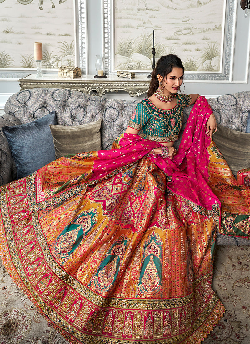 Pink And Green Embroidered Bridal Lehenga Choli