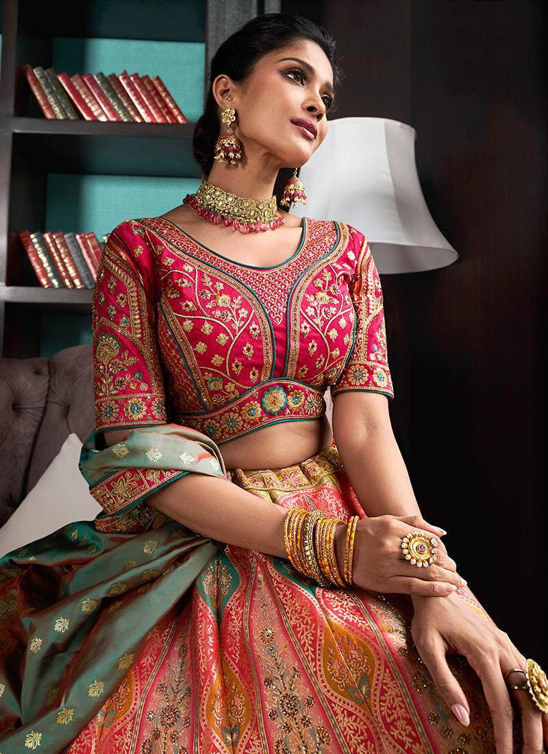 Peach And Crimson Embroidered Bridal Lehenga Choli