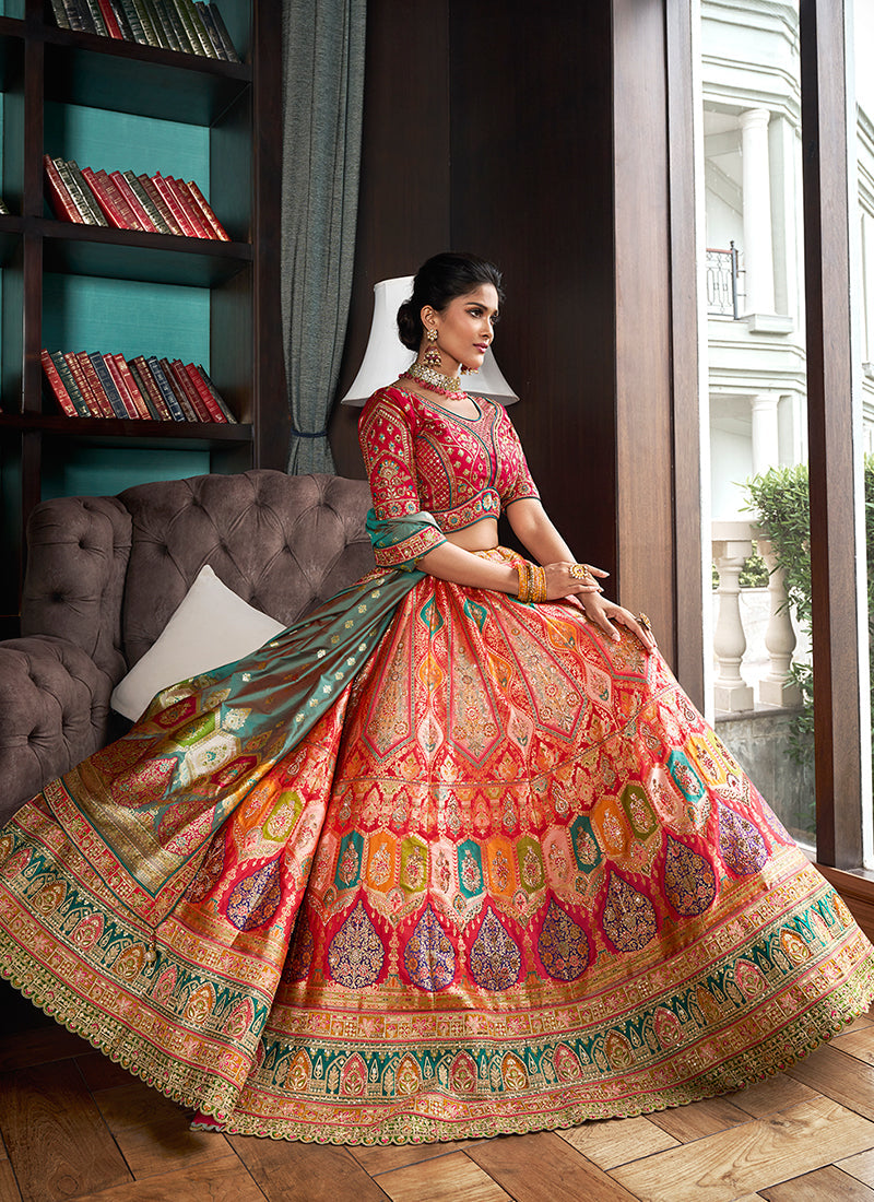 Peach And Crimson Embroidered Bridal Lehenga Choli