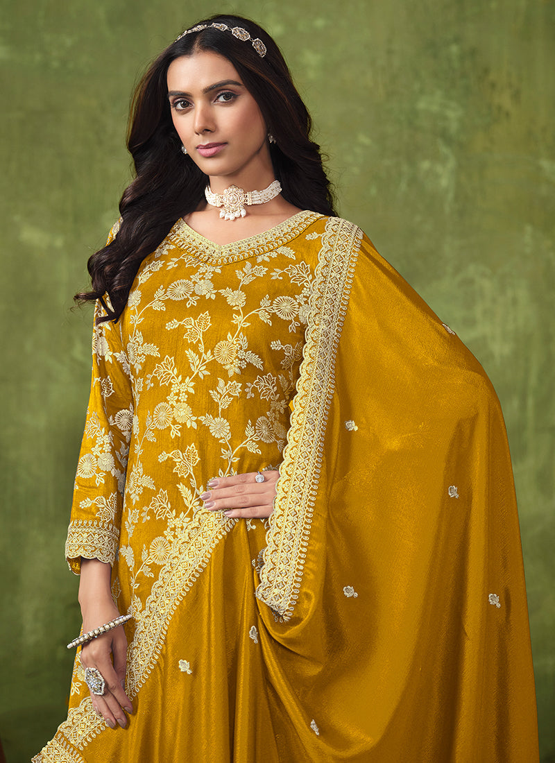 Yellow Reshamkari Embroidery Festive Palazzo Suit