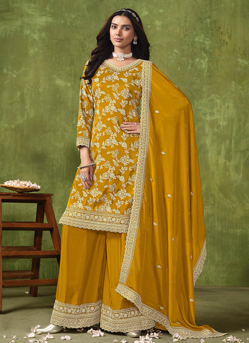 Yellow Reshamkari Embroidery Festive Palazzo Suit