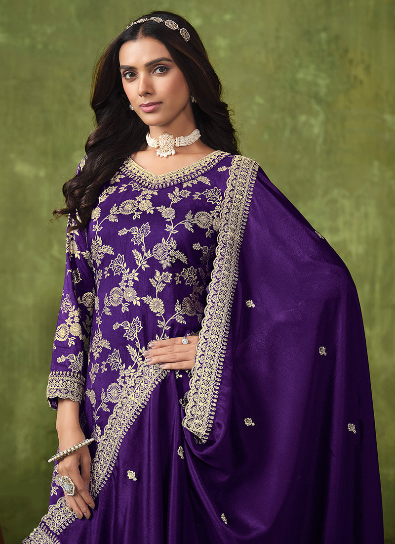 Purple Reshamkari Embroidery Wedding Palazzo Suit