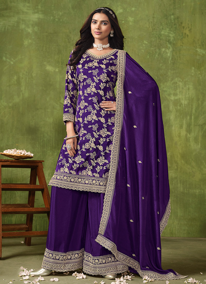 Purple Reshamkari Embroidery Wedding Palazzo Suit