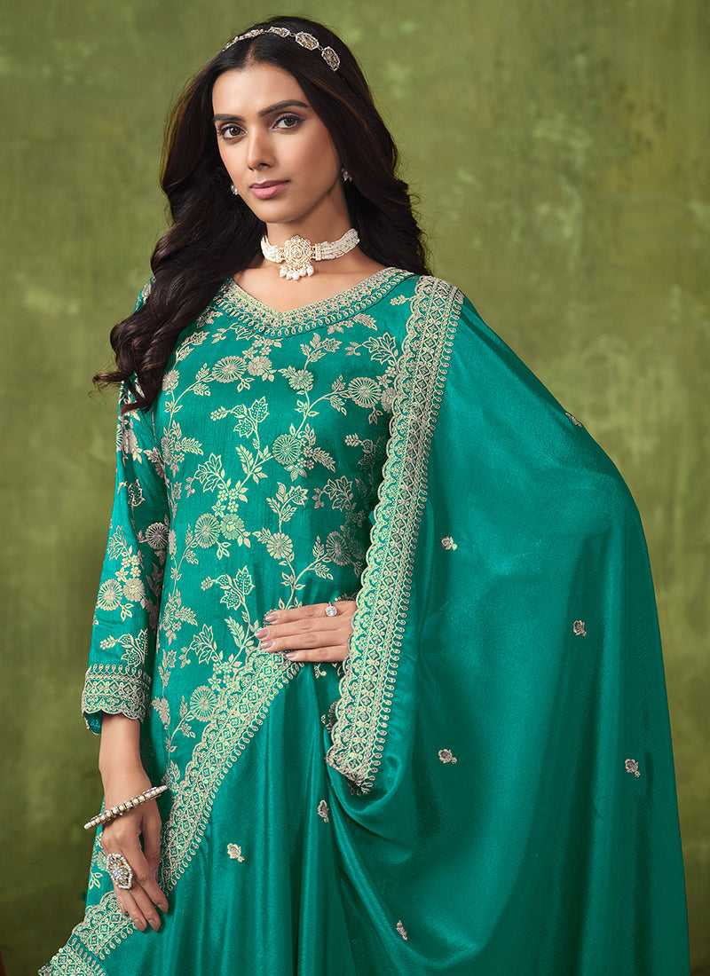 Turquoise Reshamkari Embroidery Traditional Palazzo Suit