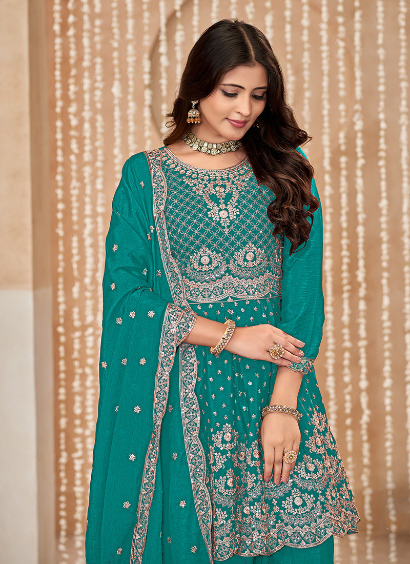 Turquoise Multi Embroidered Anarkali Gharara Suit