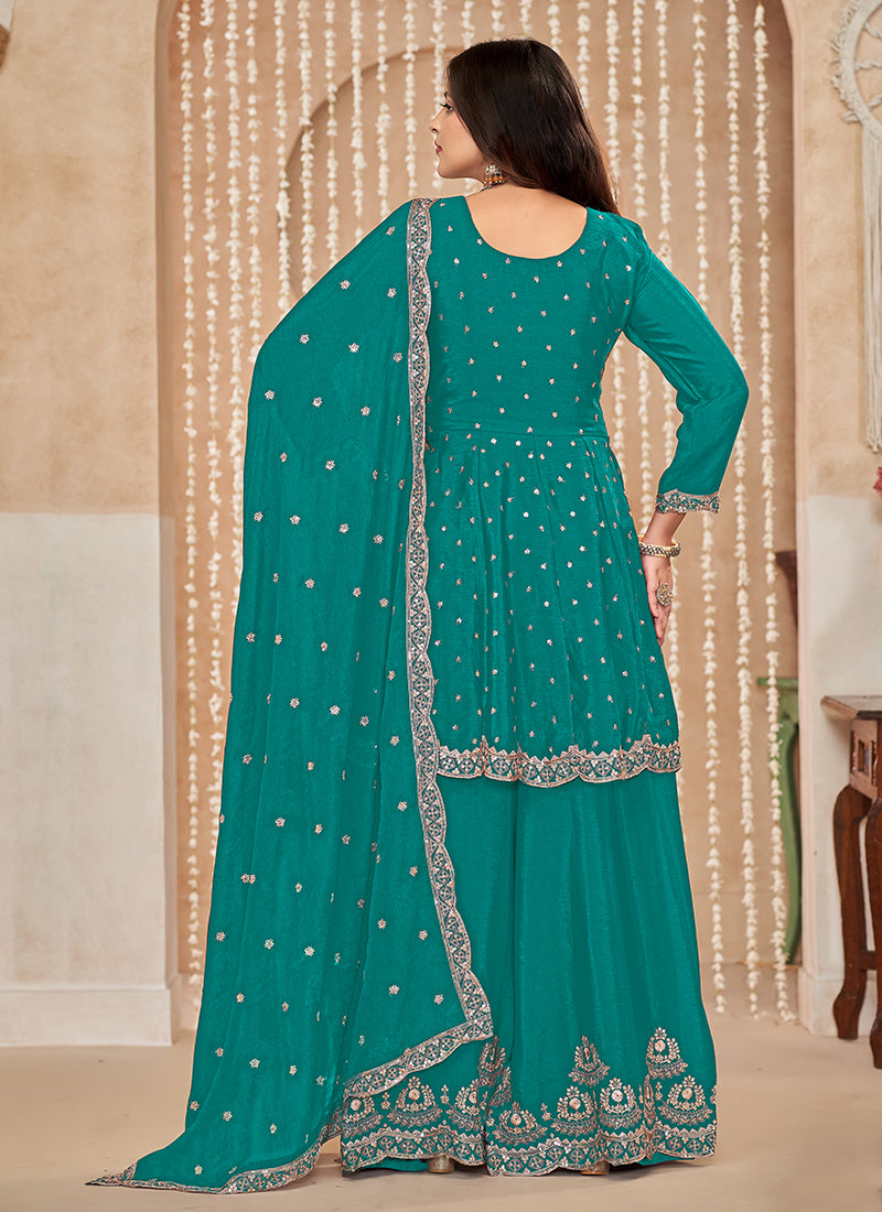 Turquoise Multi Embroidered Anarkali Gharara Suit