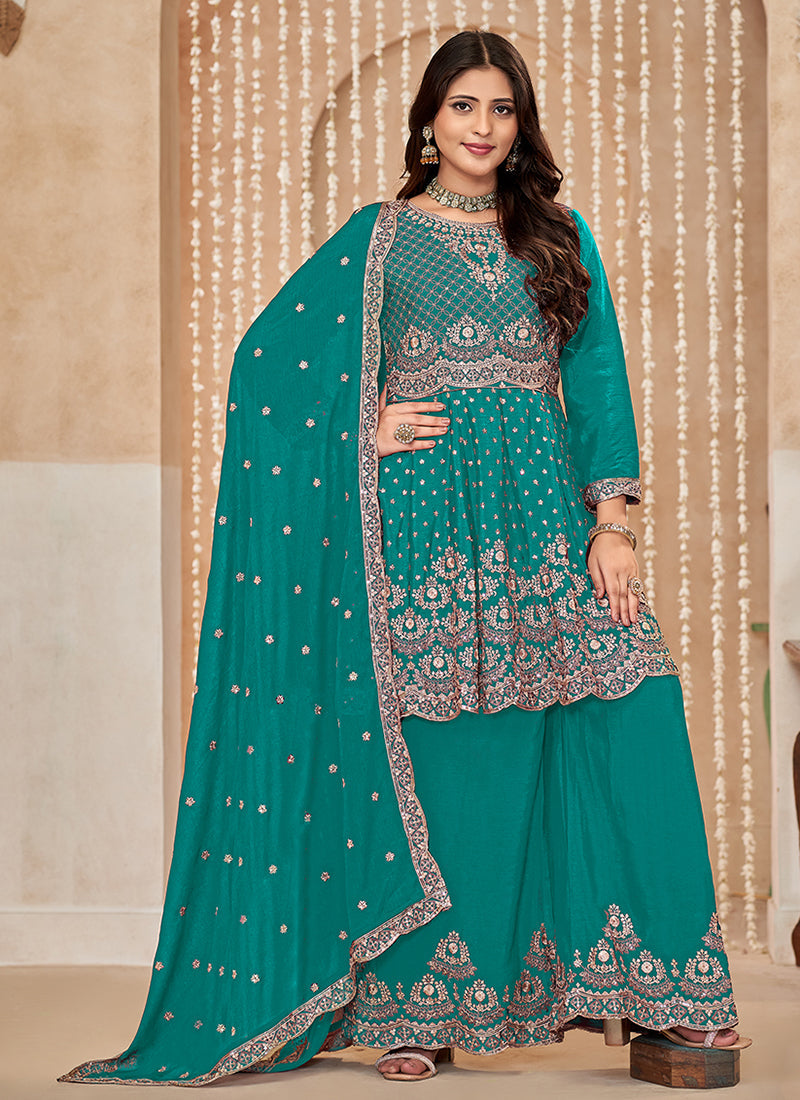 Turquoise Multi Embroidered Anarkali Gharara Suit