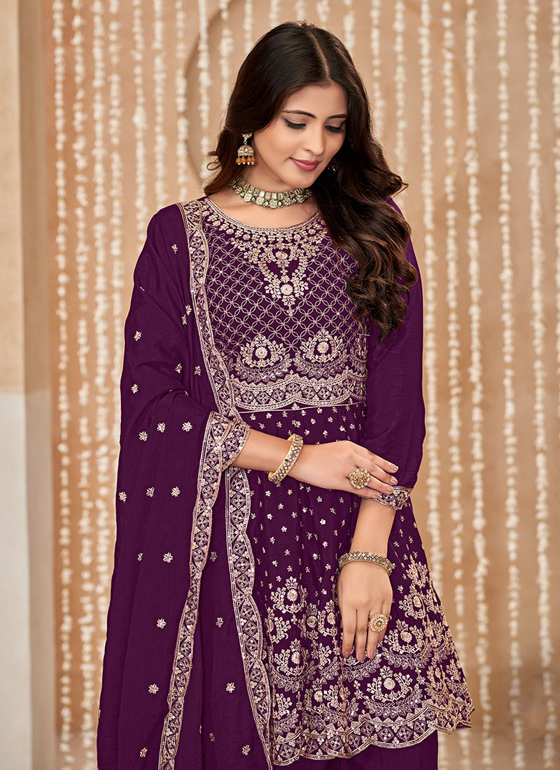 Plum Purple Multi Embroidered Anarkali Gharara Suit