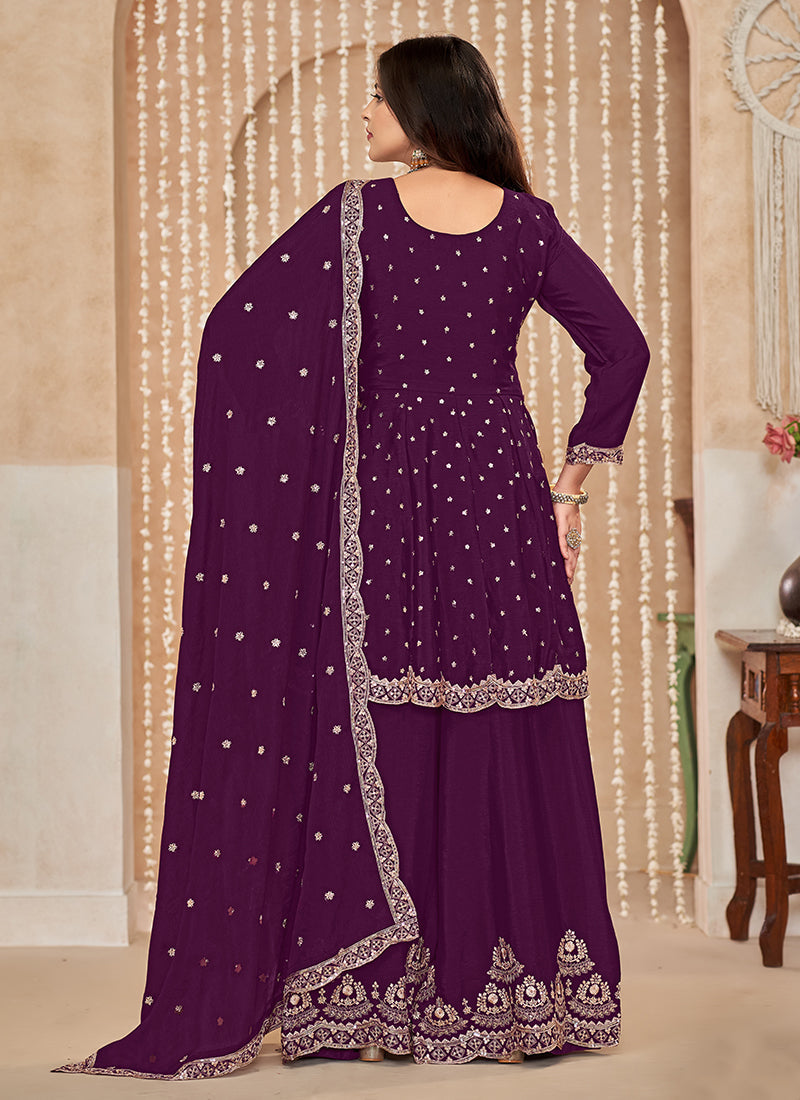 Plum Purple Multi Embroidered Anarkali Gharara Suit