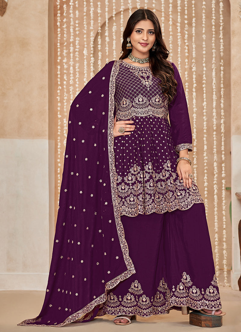 Plum Purple Multi Embroidered Anarkali Gharara Suit