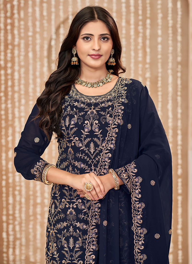 Navy Blue Embroidered Salwar Kameez Suit