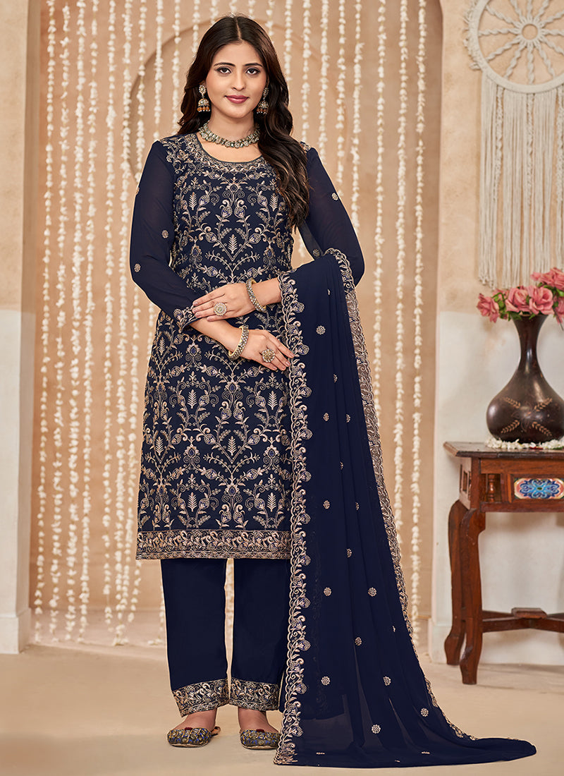 Navy Blue Embroidered Salwar Kameez Suit