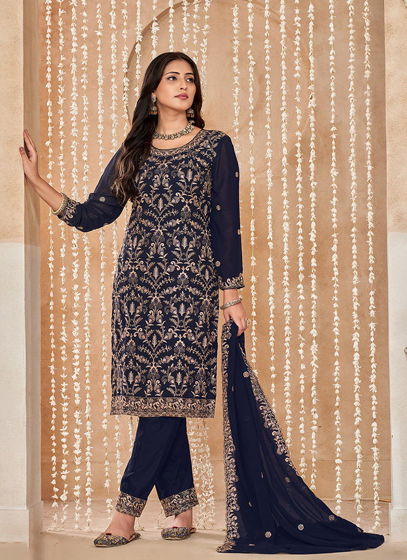 Navy Blue Embroidered Salwar Kameez Suit