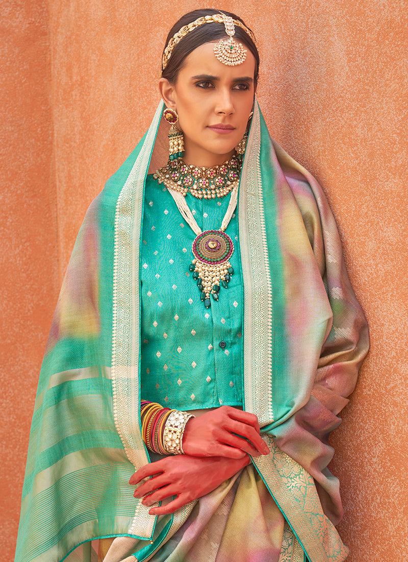 Sea Green Multicoloured Brocade Weaved Handloom Silk Saree