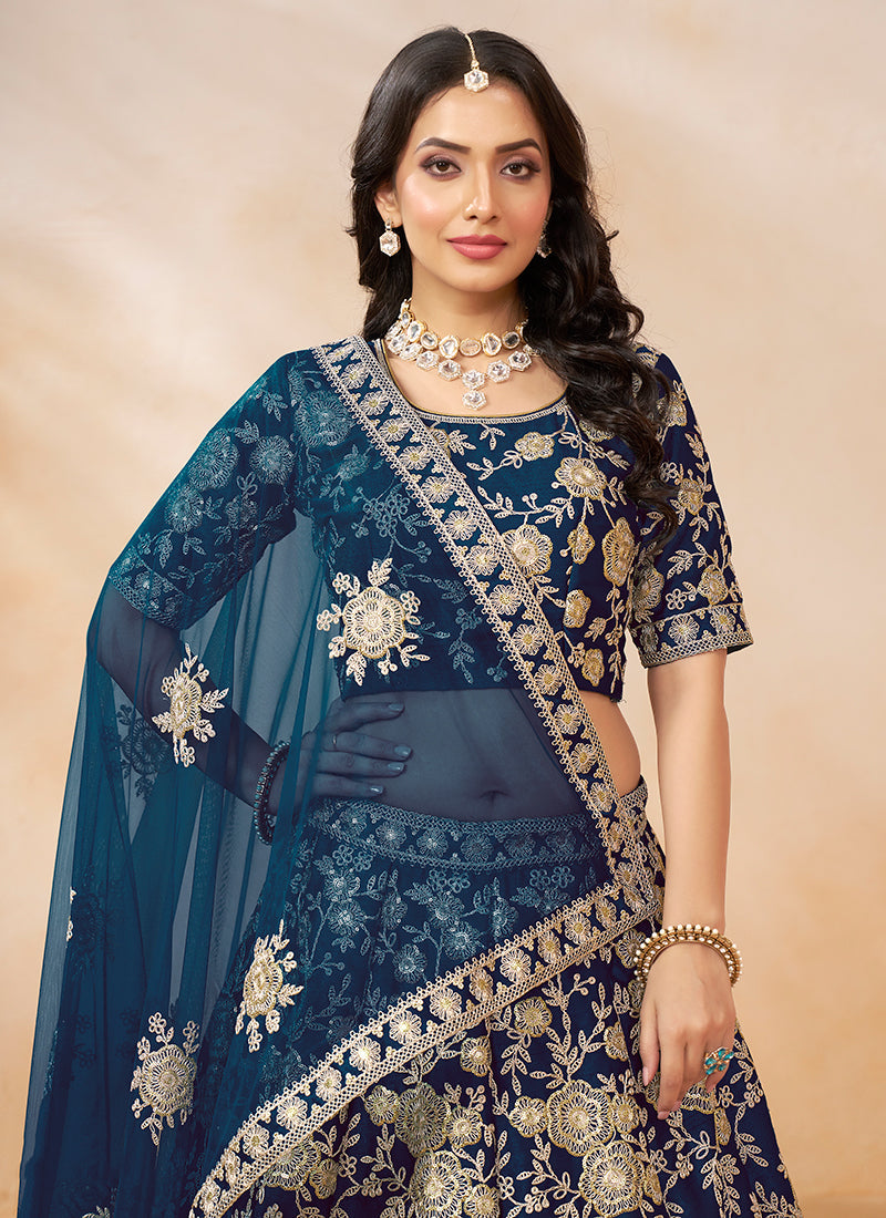 Blue Golden Embroidery Wedding Lehenga Choli