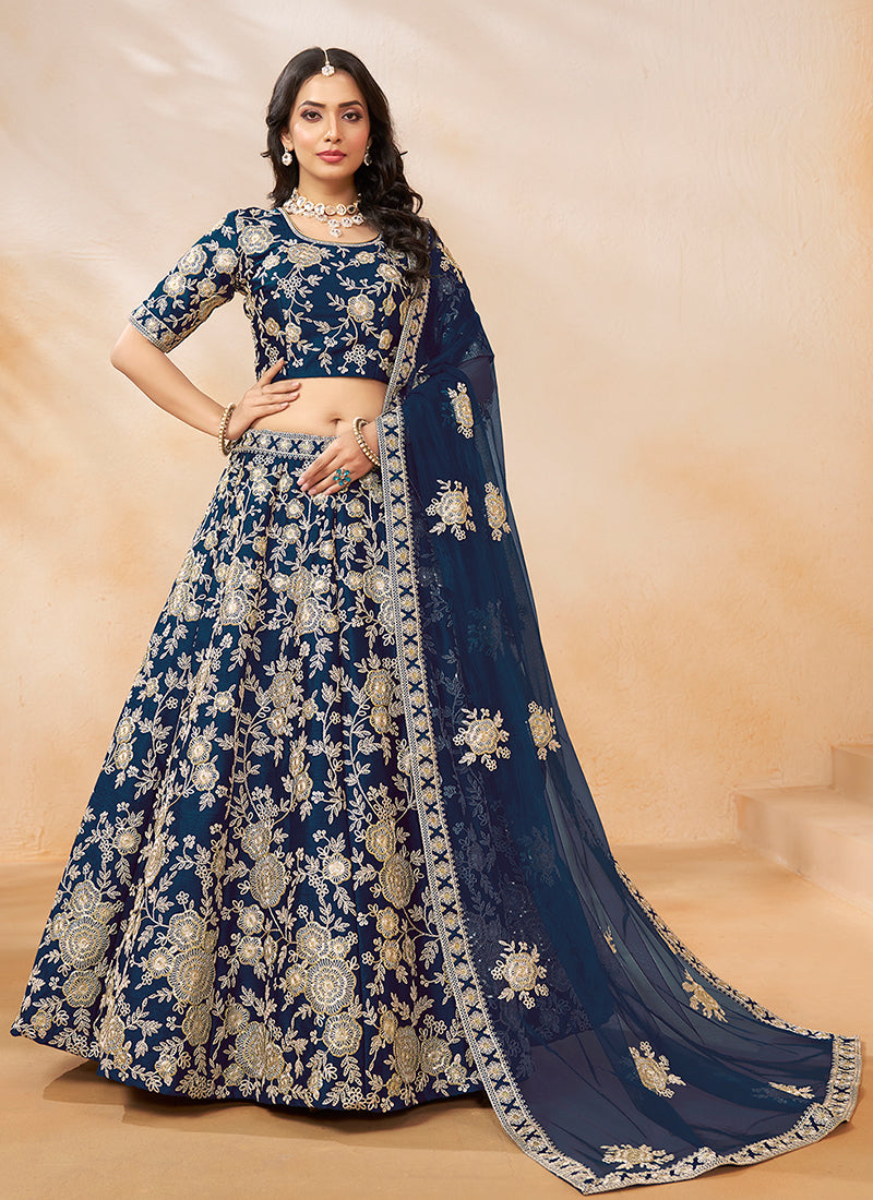 Blue Golden Embroidery Wedding Lehenga Choli