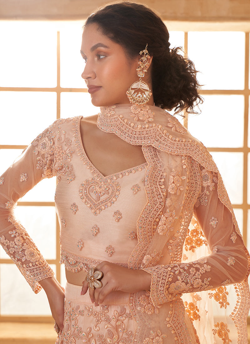 Peach Ombré Thread Embroidery Lehenga Choli With Dupatta