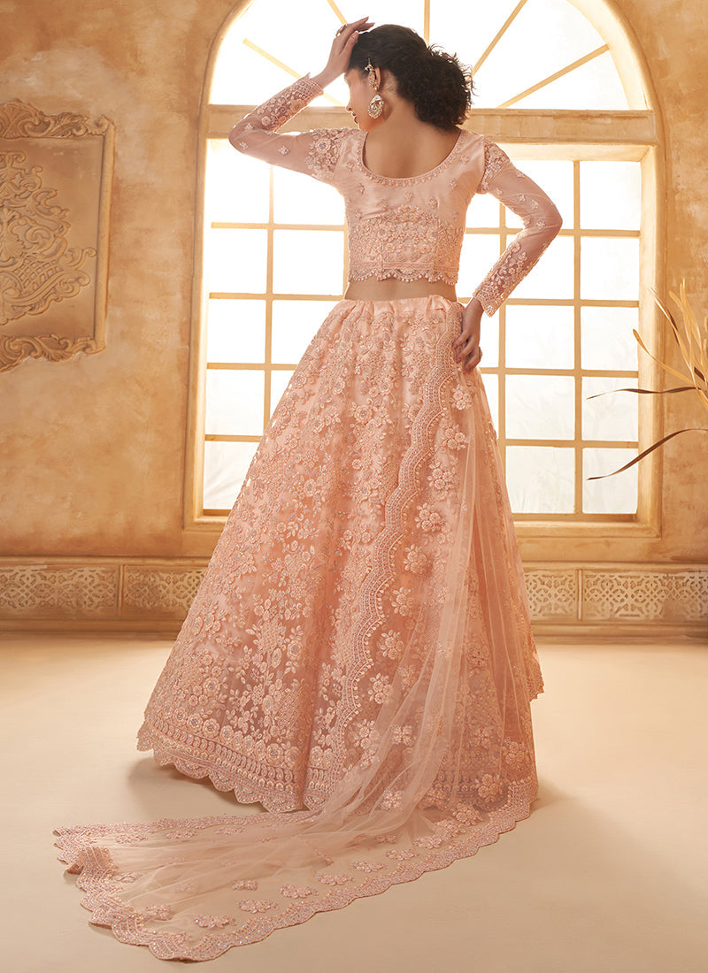 Peach Ombré Thread Embroidery Lehenga Choli With Dupatta