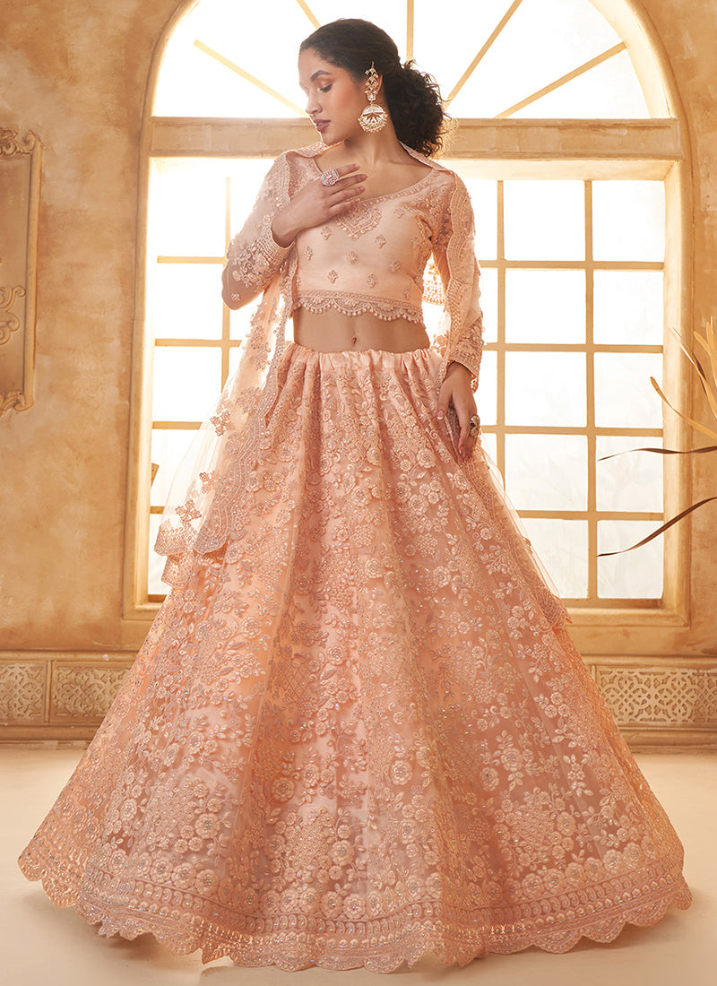 Peach Ombré Thread Embroidery Lehenga Choli With Dupatta