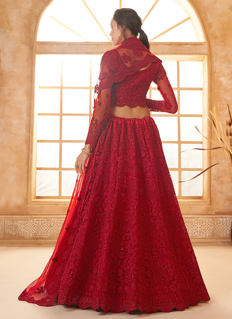 Bridal Red Ombré Thread Embroidery Lehenga Choli With Dupatta