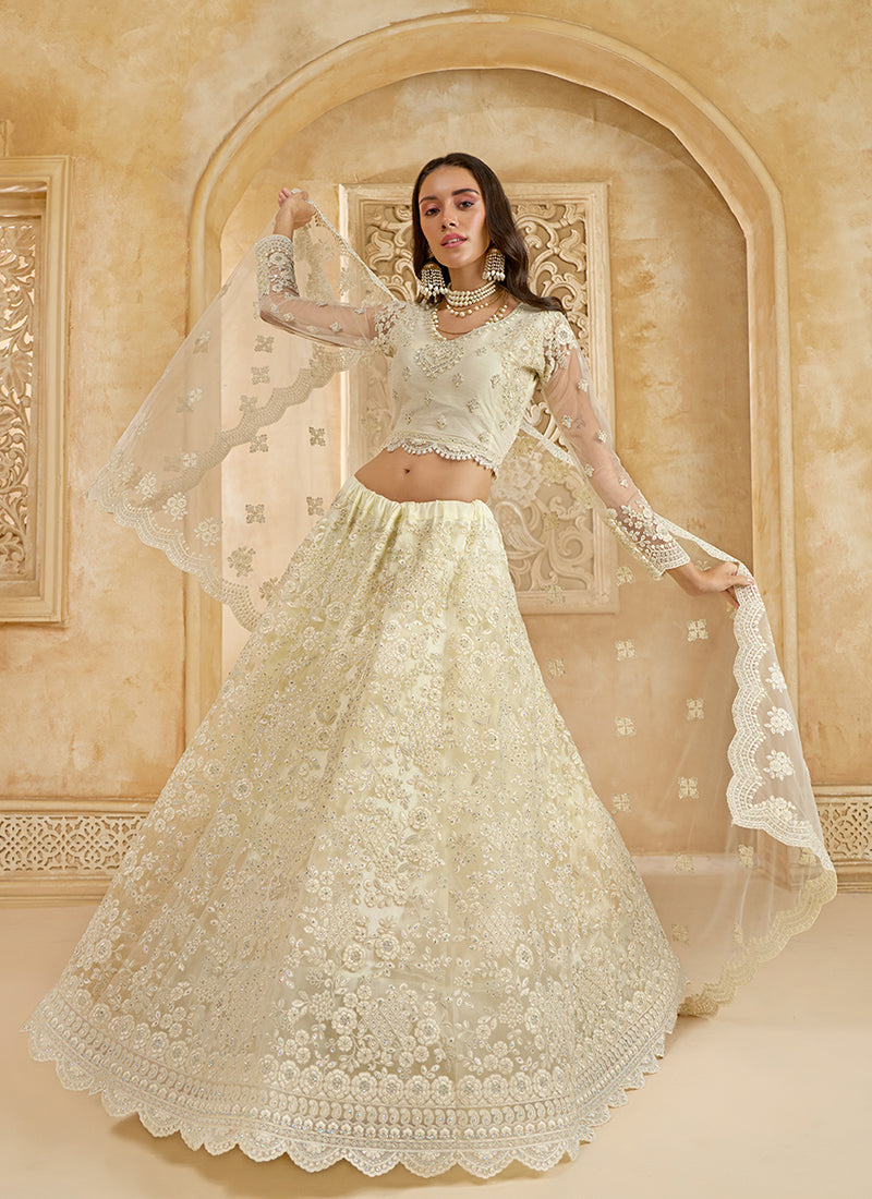 Beige Ivory Ombré Thread Embroidery Lehenga Choli With Dupatta