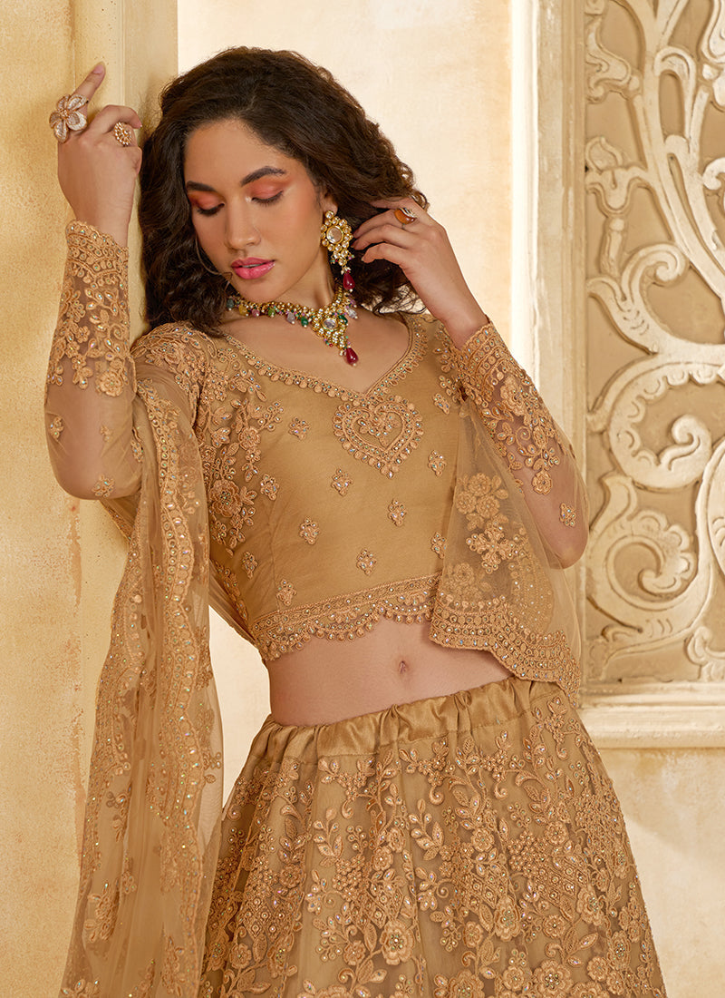 Beige Golden Ombré Thread Embroidery Lehenga Choli With Dupatta