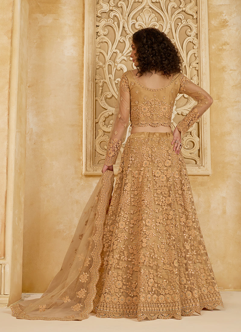 Beige Golden Ombré Thread Embroidery Lehenga Choli With Dupatta