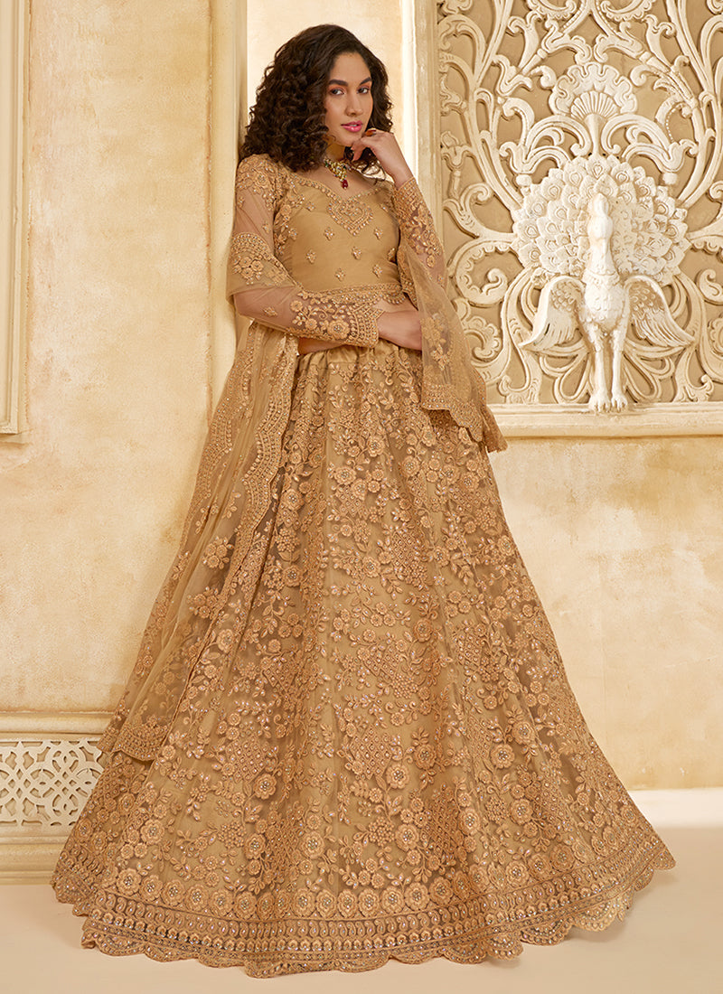 Beige Golden Ombré Thread Embroidery Lehenga Choli With Dupatta