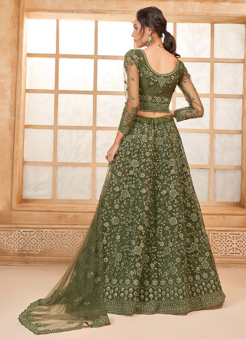 Olive Green Thread Embroidery Traditional Lehenga Choli And Dupatta