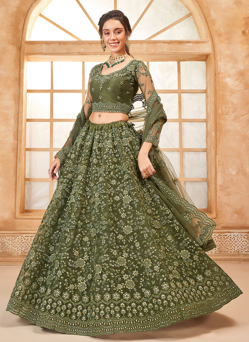 Olive Green Thread Embroidery Traditional Lehenga Choli And Dupatta