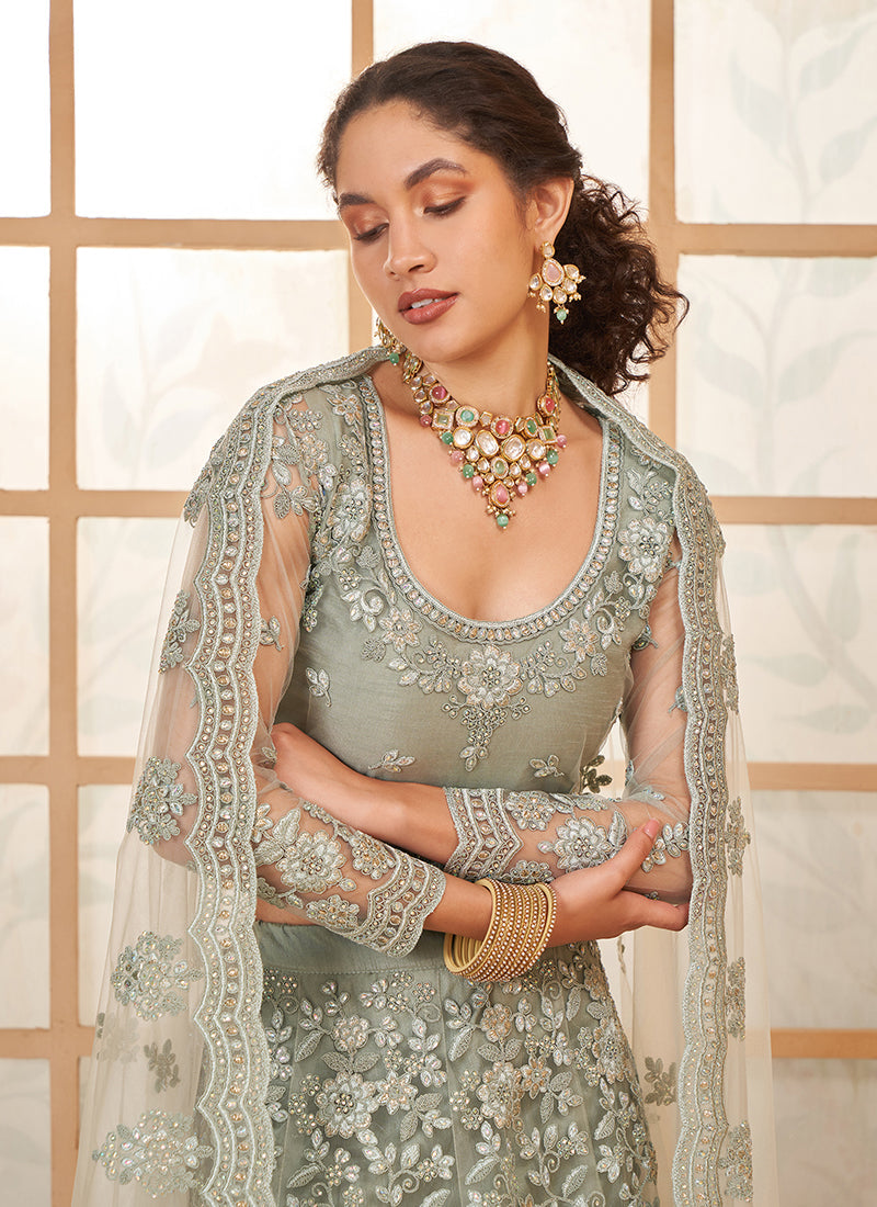 Pale Green Thread Embroidery Traditional Lehenga Choli And Dupatta