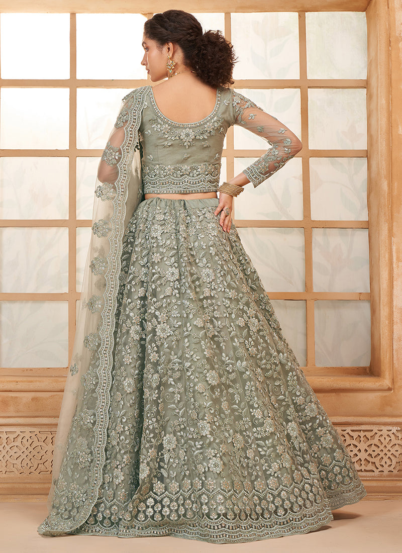 Pale Green Thread Embroidery Traditional Lehenga Choli And Dupatta