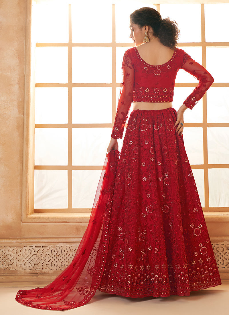 Crimson Red Thread Embroidery Traditional Lehenga Choli And Dupatta