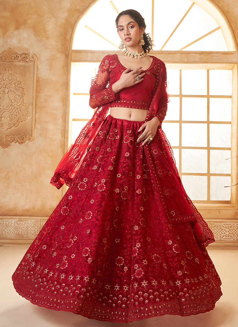 Crimson Red Thread Embroidery Traditional Lehenga Choli And Dupatta