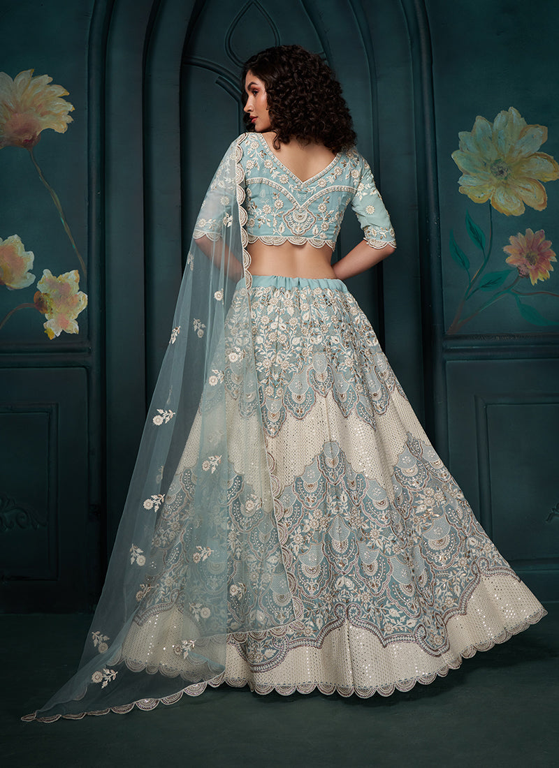 Blue And Ivory Lucknowi Embroidery Festive Lehenga Choli