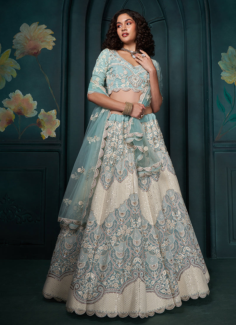 Blue And Ivory Lucknowi Embroidery Festive Lehenga Choli