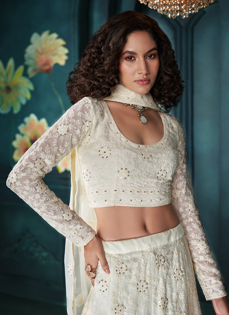 Pearl White Lucknowi Embroidery Festive Lehenga Choli