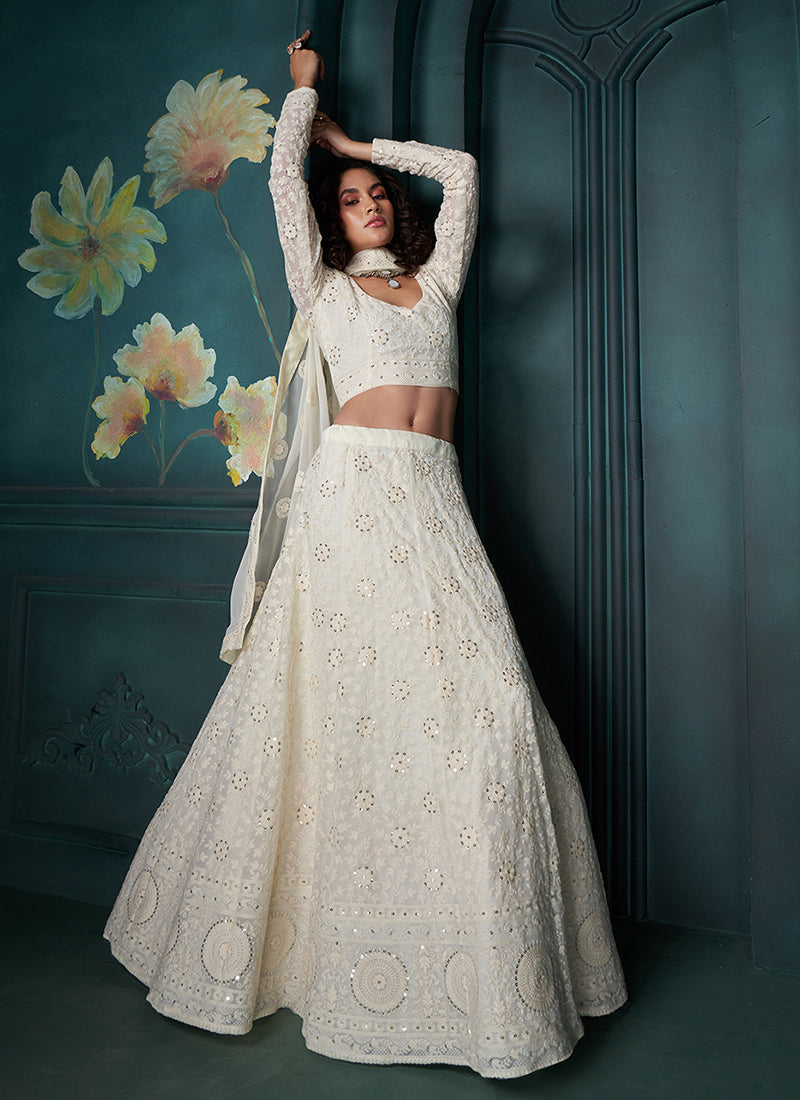 Pearl White Lucknowi Embroidery Festive Lehenga Choli