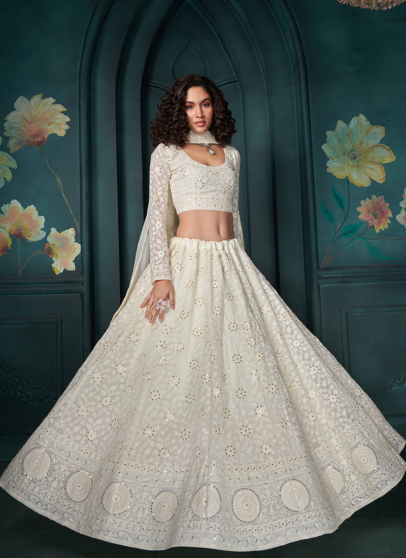 Pearl White Lucknowi Embroidery Festive Lehenga Choli