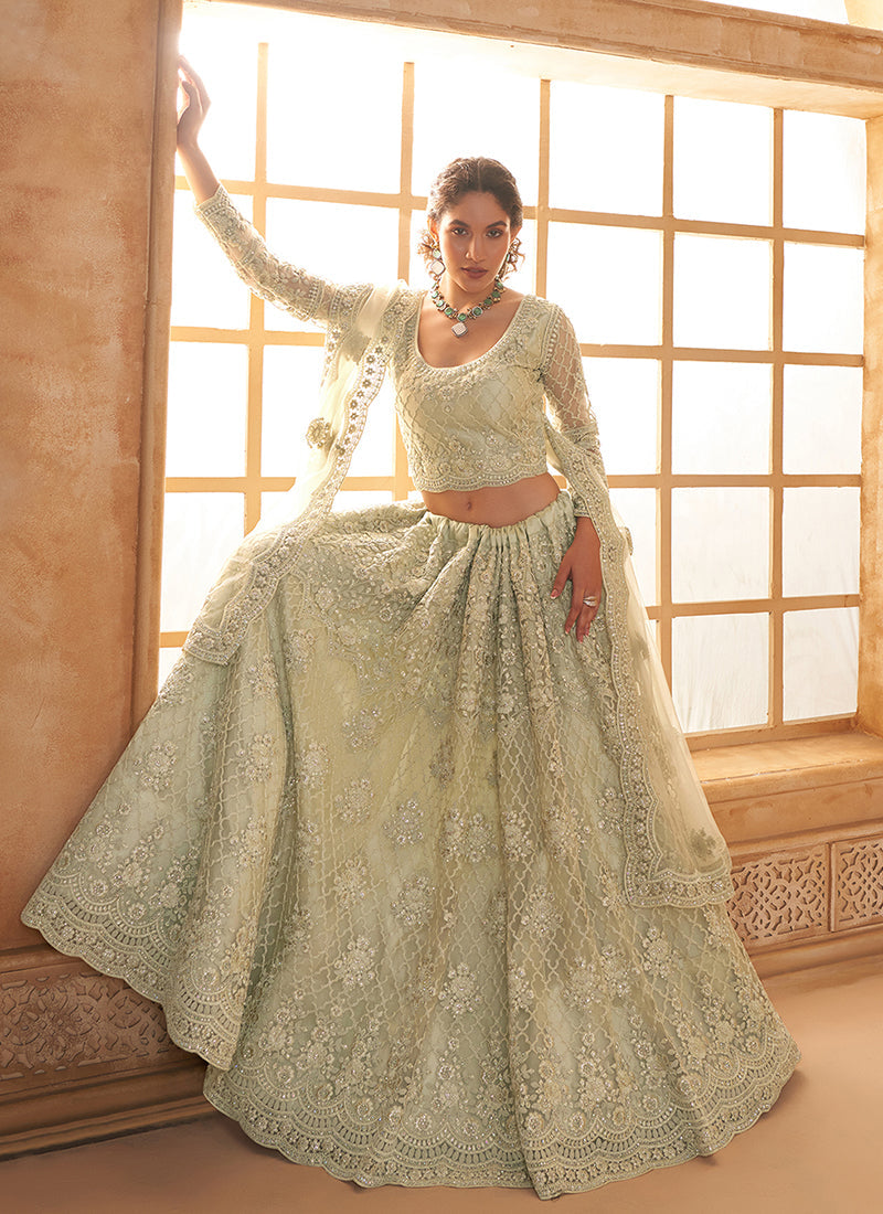 Pista Green Embroidered Lehenga Choli