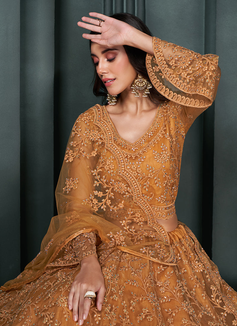 Ochre Yellow Embroidered Lehenga Choli