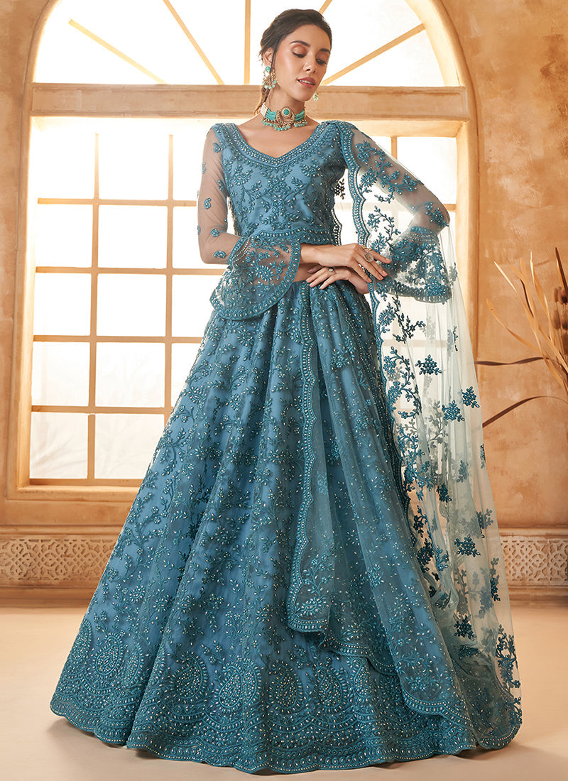 Teal Embroidered Lehenga Choli