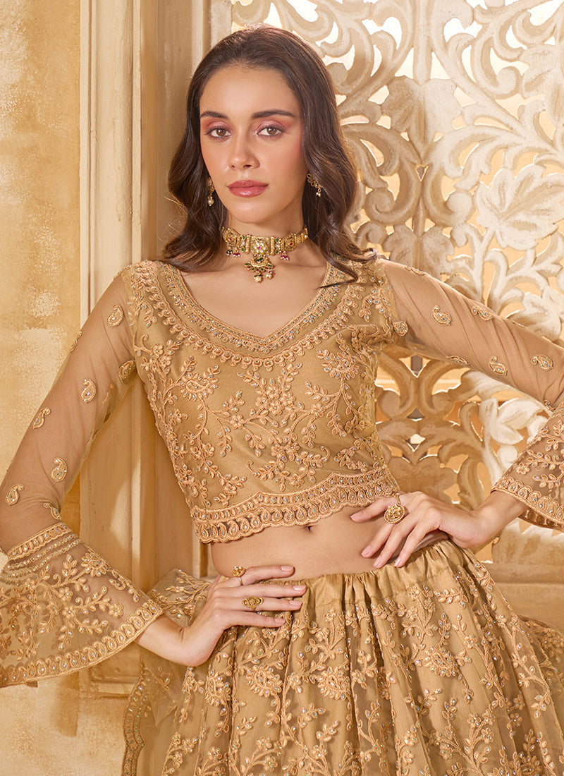 Brown Beige Embroidered Lehenga Choli