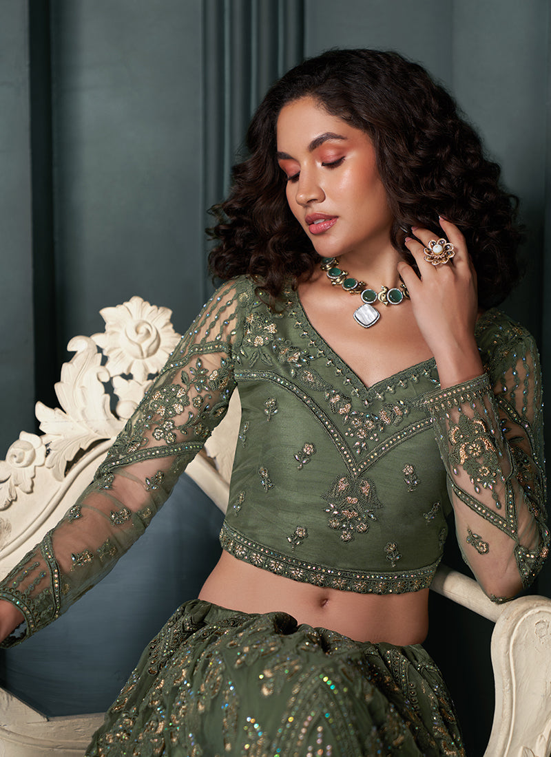 Dark Green Embroidered Lehenga Choli