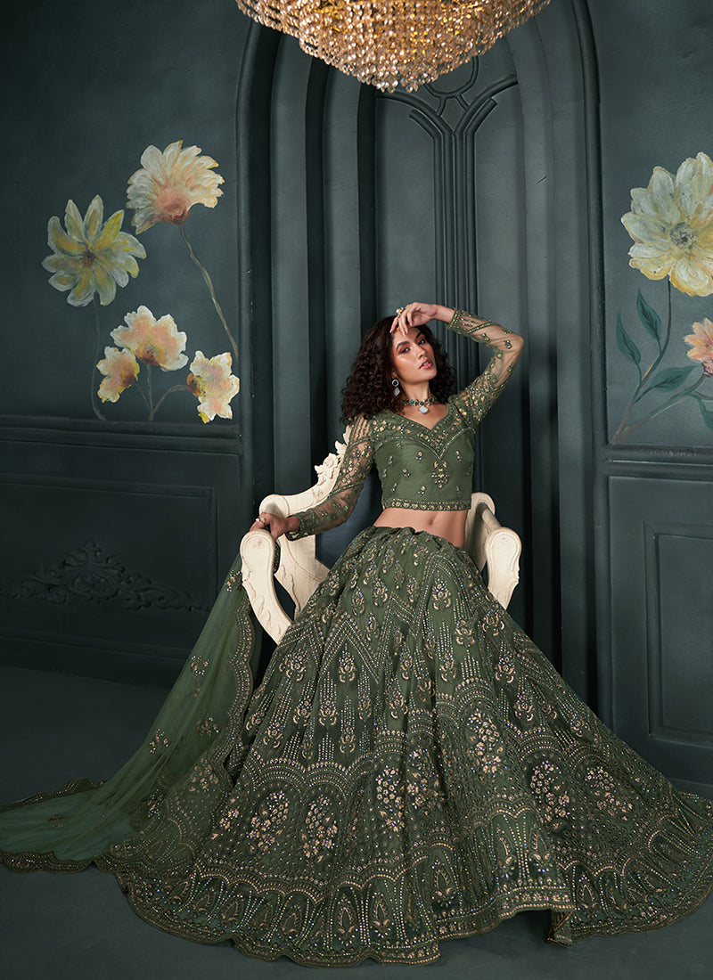 Dark Green Embroidered Lehenga Choli