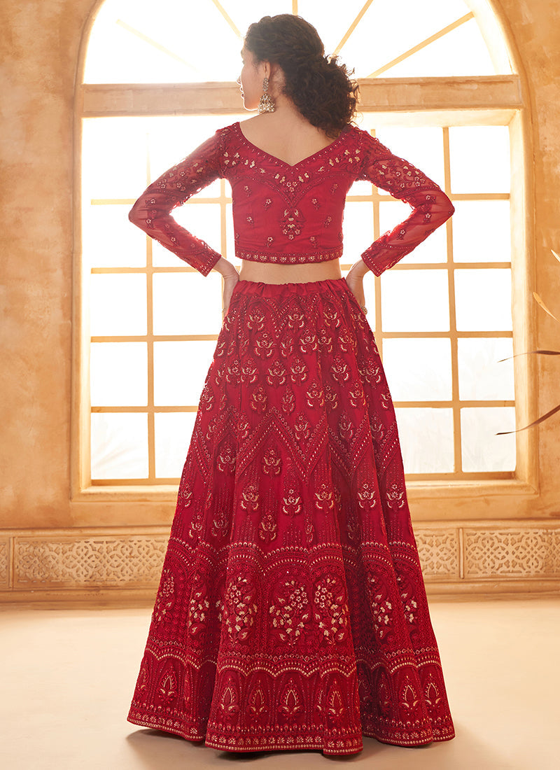 Cherry Red Embroidered Lehenga Choli