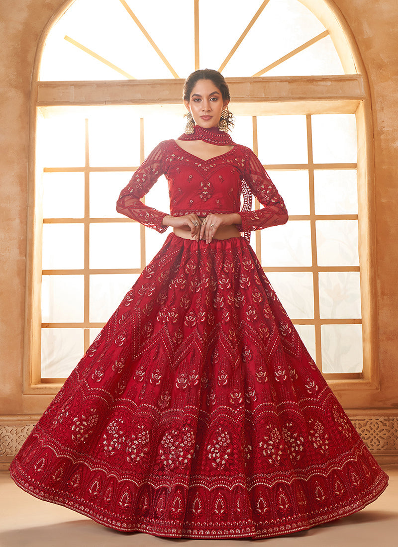 Cherry Red Embroidered Lehenga Choli