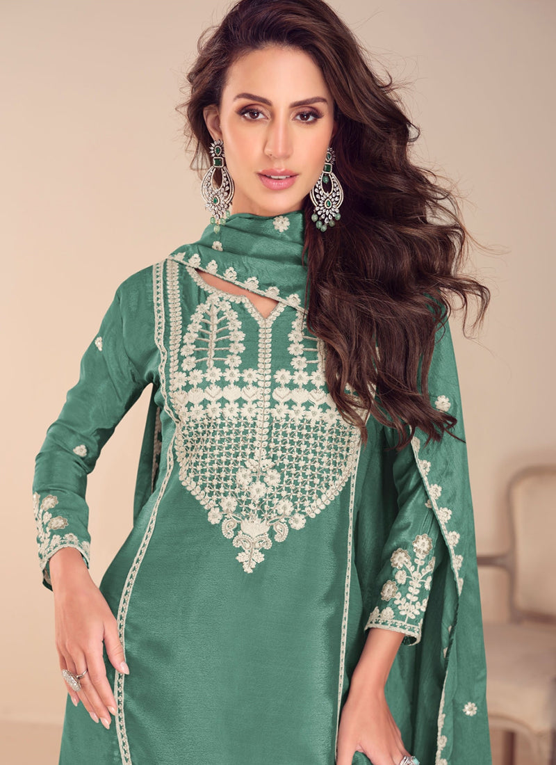 Sage Green Threadwork Embroidery Gharara Suit