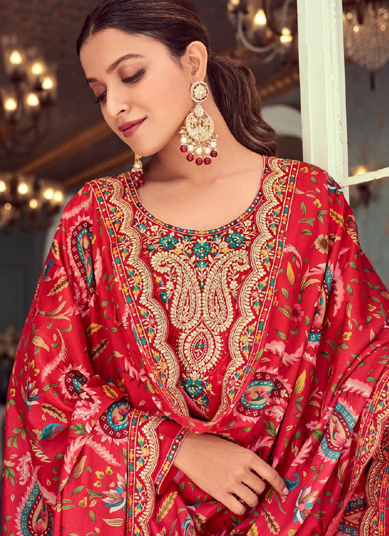 Red Multicoloured Embroidery Casual Salwar Kameez