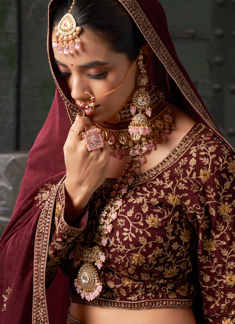 Maroon Embroidered Wedding Lehenga Choli